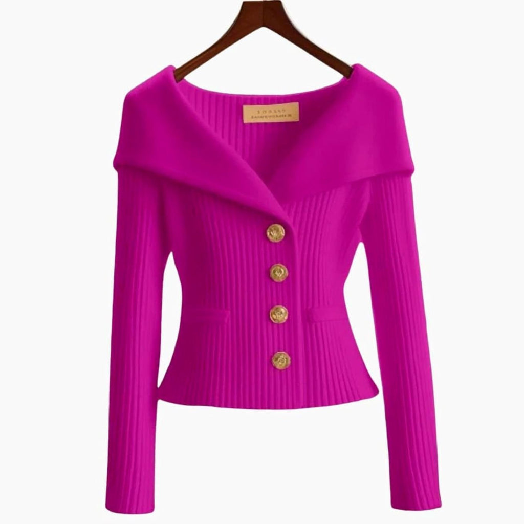 Women's Off-Shoulder Ribbed Button-Up Cardigan Sweater, White - Purple