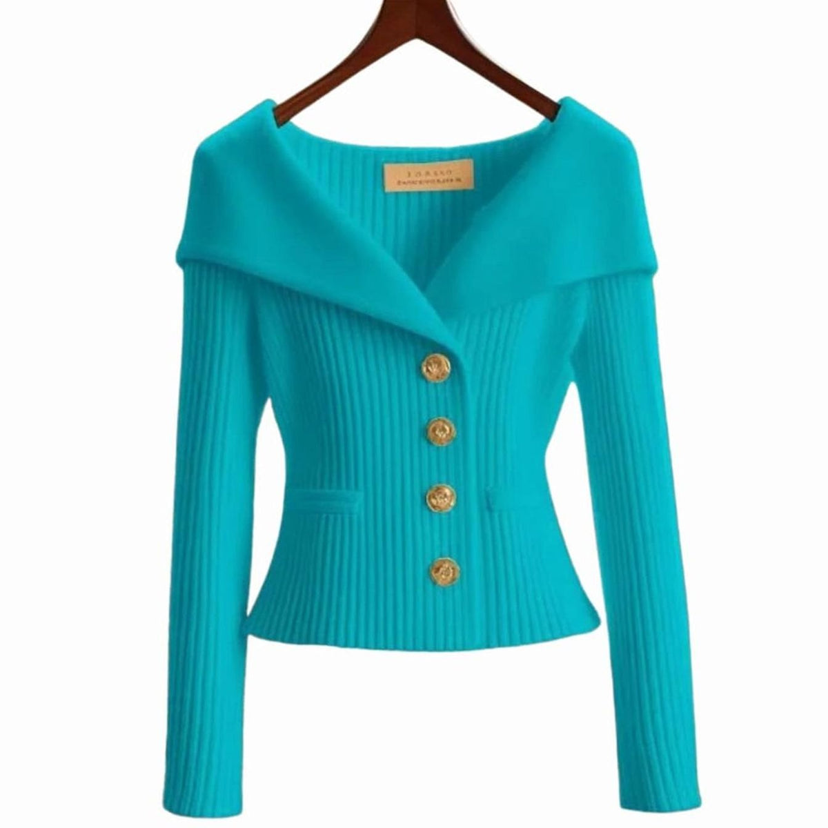 Women's Off-Shoulder Ribbed Button-Up Cardigan Sweater, White - Blue