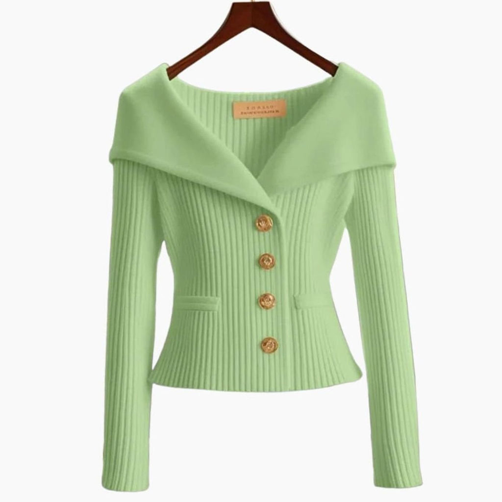 Women's Off-Shoulder Ribbed Button-Up Cardigan Sweater, White - Green
