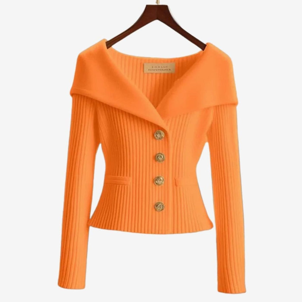 Women's Off-Shoulder Ribbed Button-Up Cardigan Sweater, White - Orange