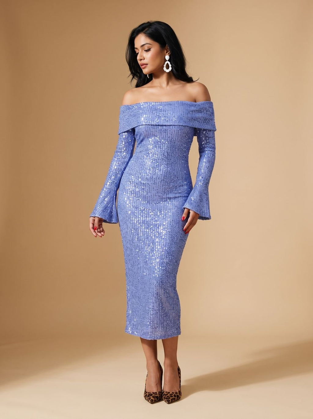 Women's Off-Shoulder Sequin Long Sleeve Bodycon Mini Dress - Blue