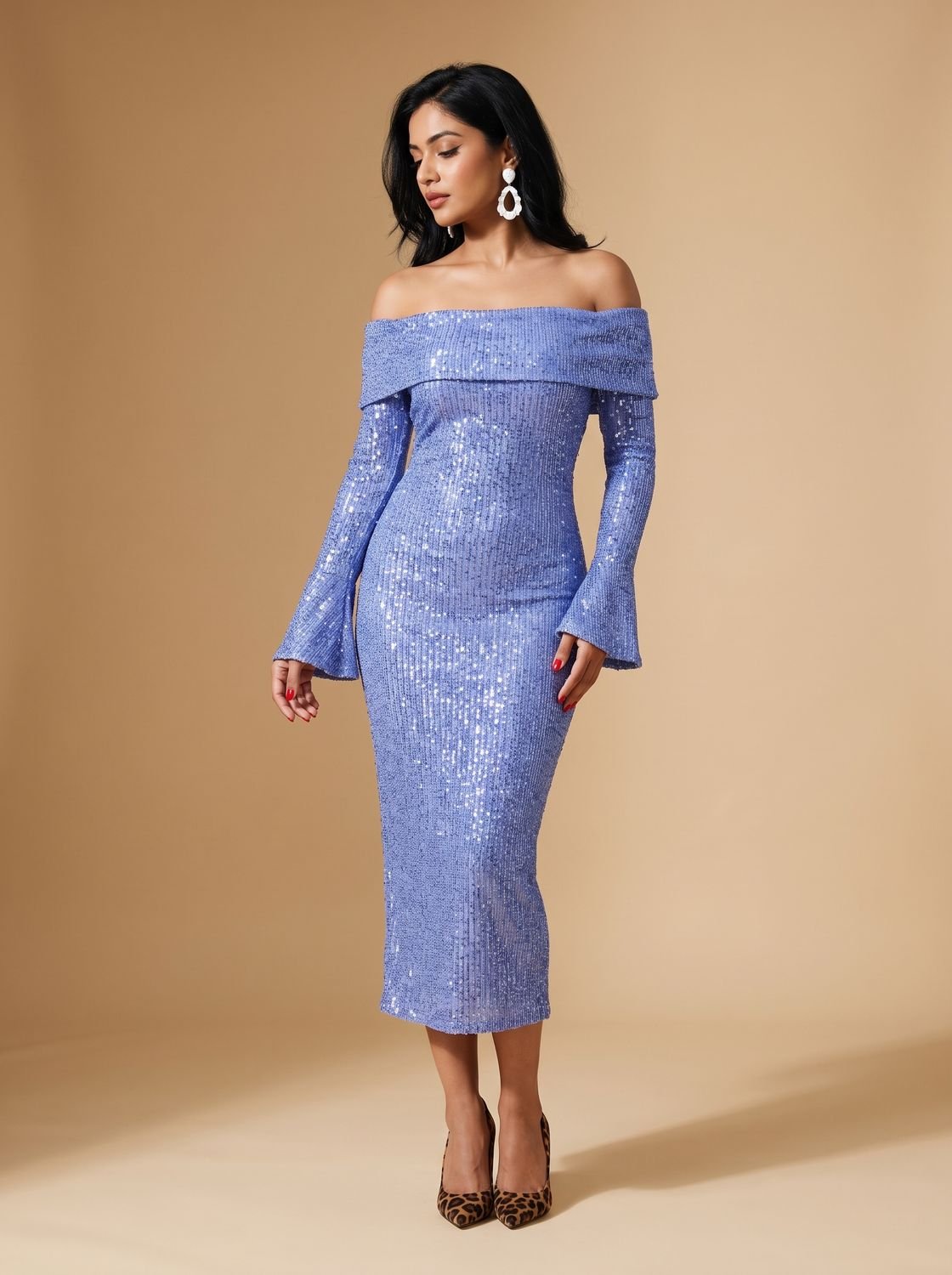 Women's Off-Shoulder Sequin Long Sleeve Bodycon Mini Dress - Blue