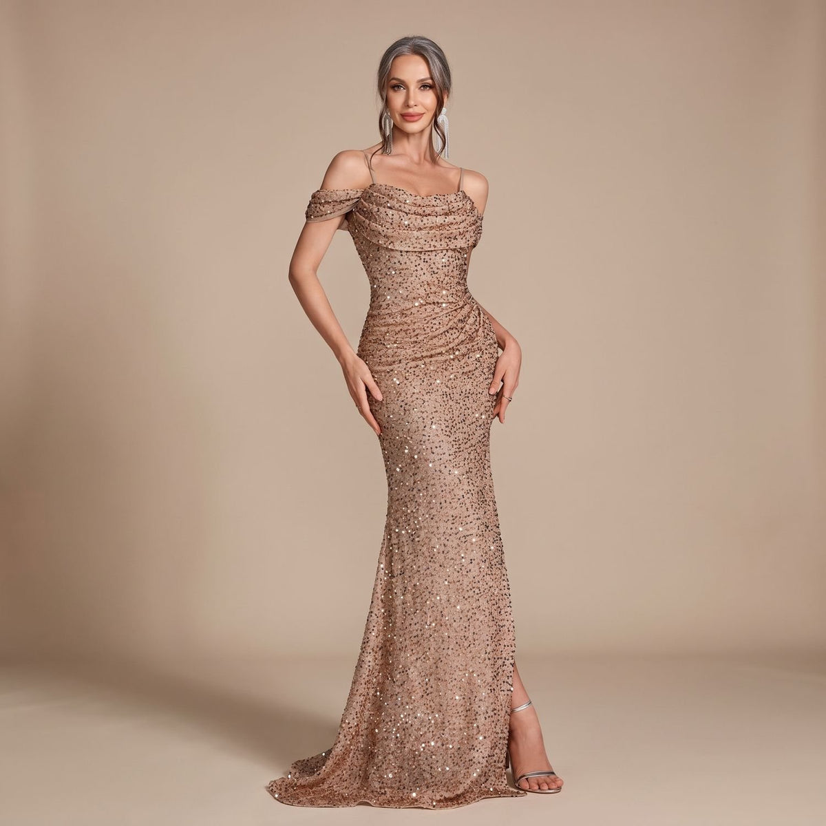 Women's Off-Shoulder Sequin Maxi Dress High-Slit Formal Gown