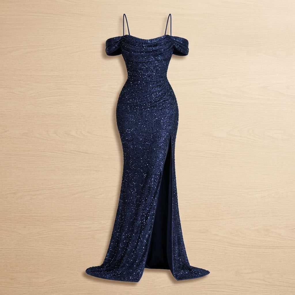 Women's Off-Shoulder Sequin Maxi Dress High-Slit Formal Gown - Navy Blue