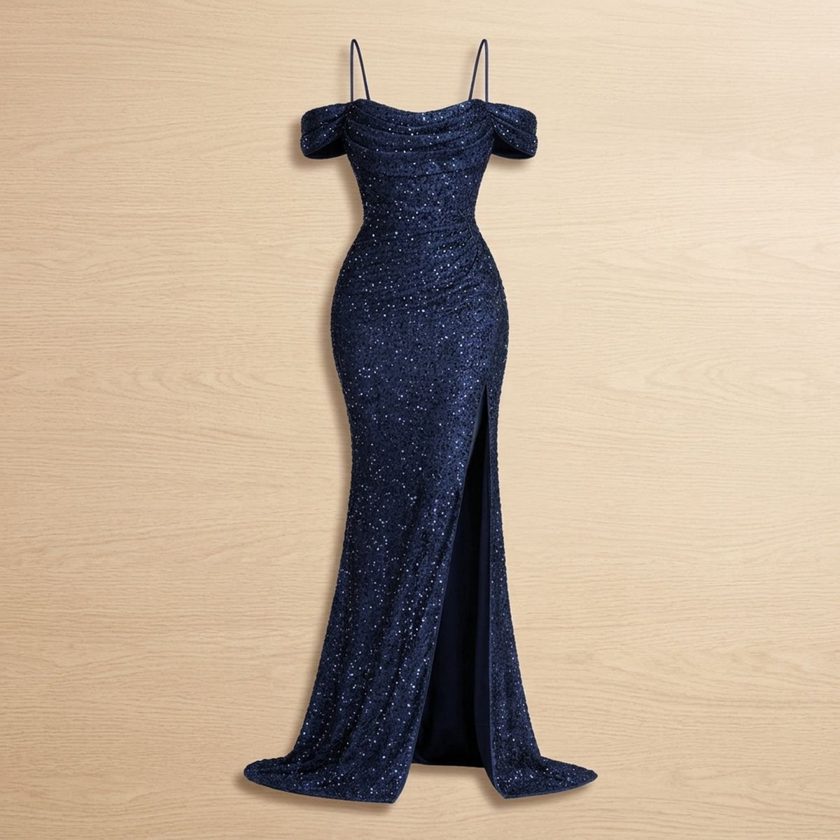 Women's Off-Shoulder Sequin Maxi Dress High-Slit Formal Gown - Navy Blue