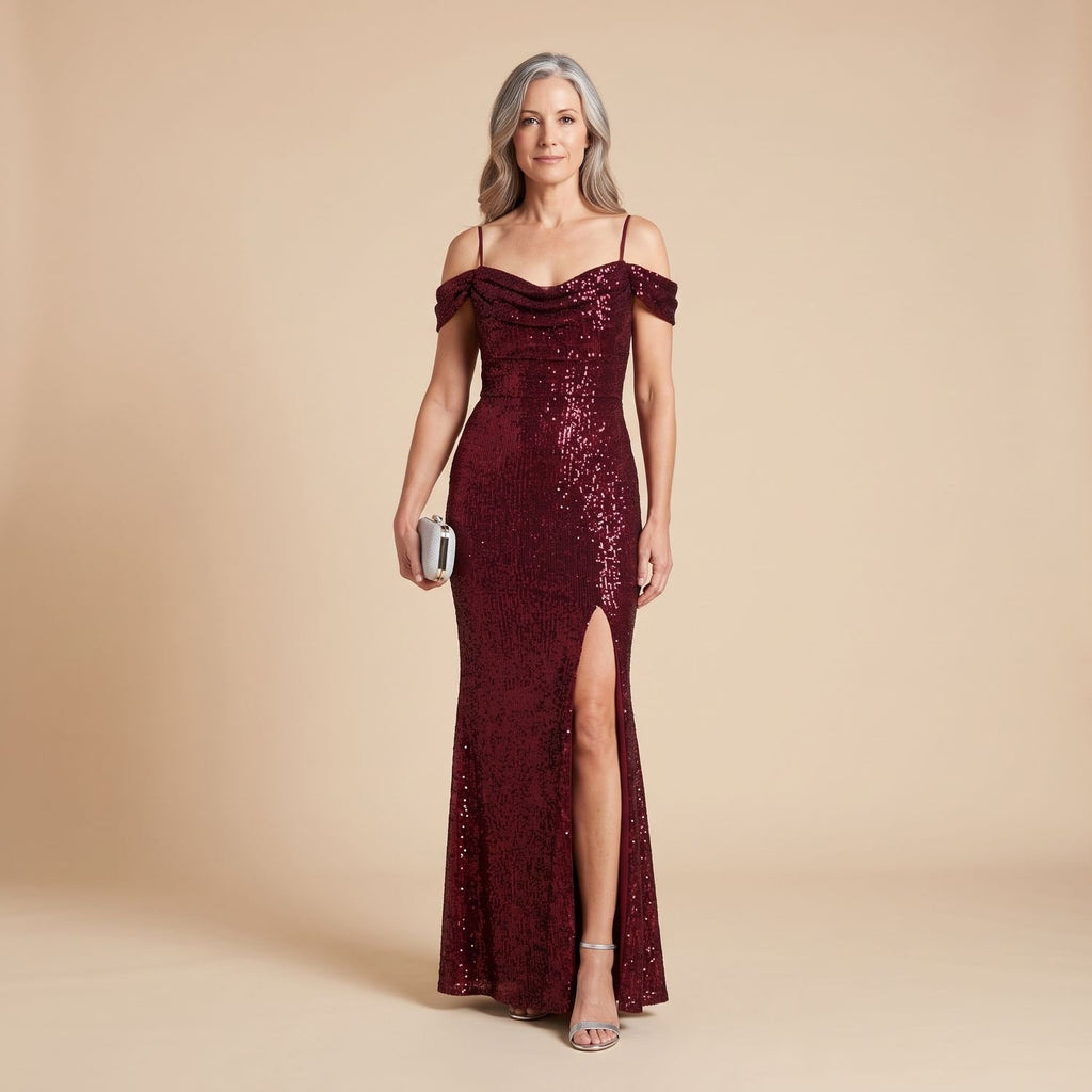 Women's Off-Shoulder Sequin Maxi Dress High-Slit Formal Gown