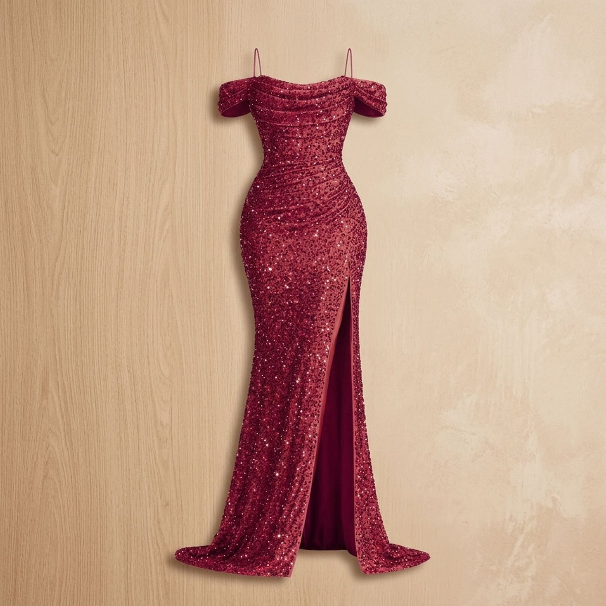 Women's Off-Shoulder Sequin Maxi Dress High-Slit Formal Gown - Red