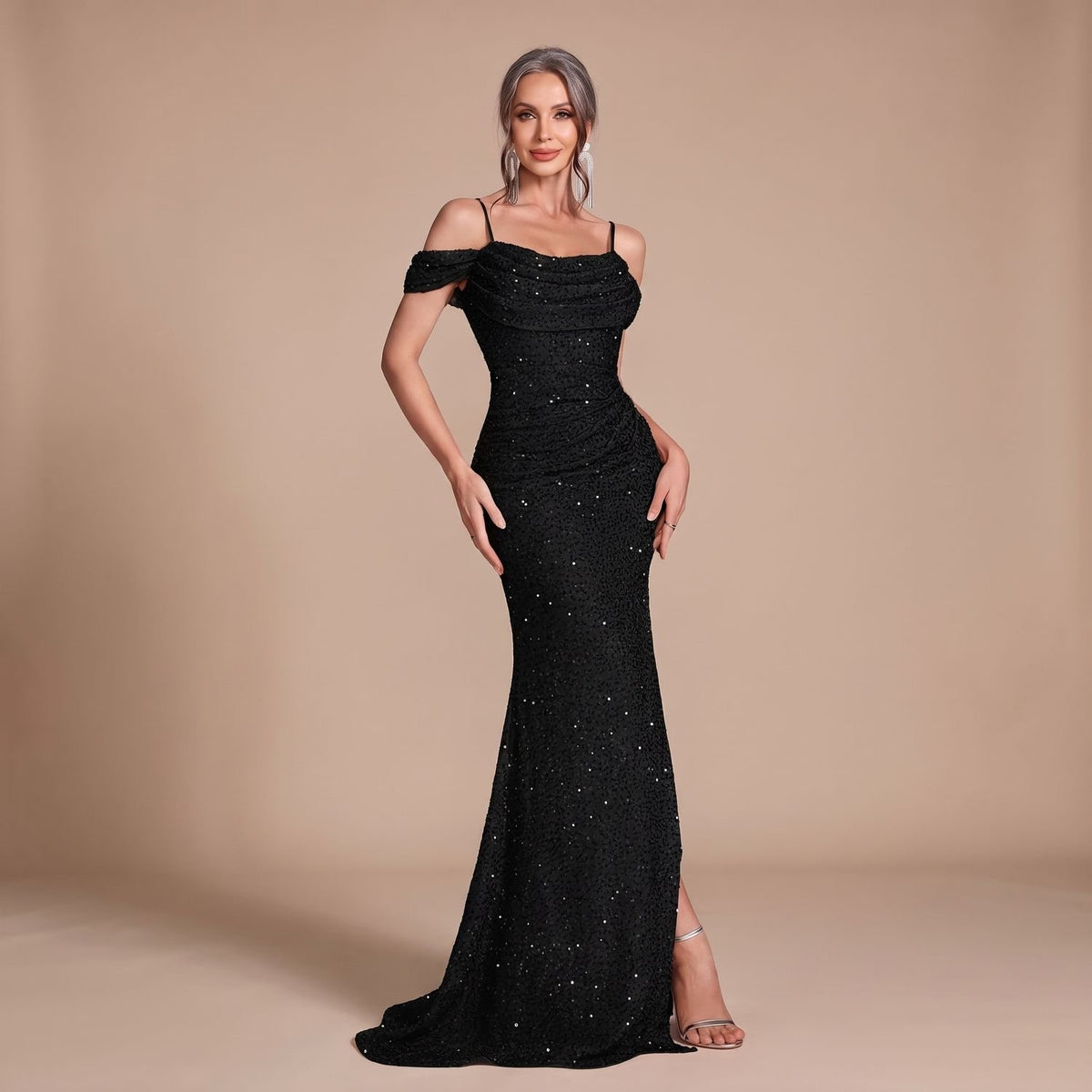 Women's Off-Shoulder Sequin Maxi Dress High-Slit Formal Gown