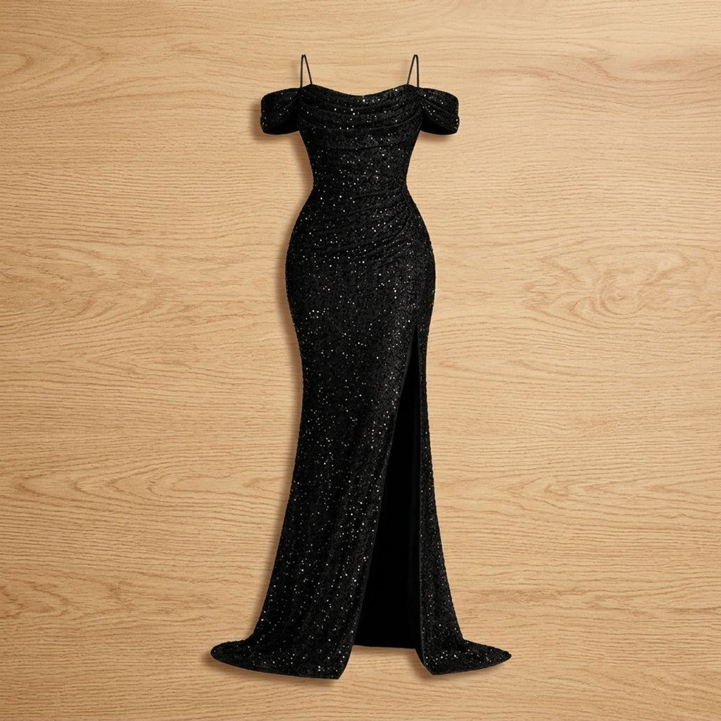 Women's Off-Shoulder Sequin Maxi Dress High-Slit Formal Gown - Black