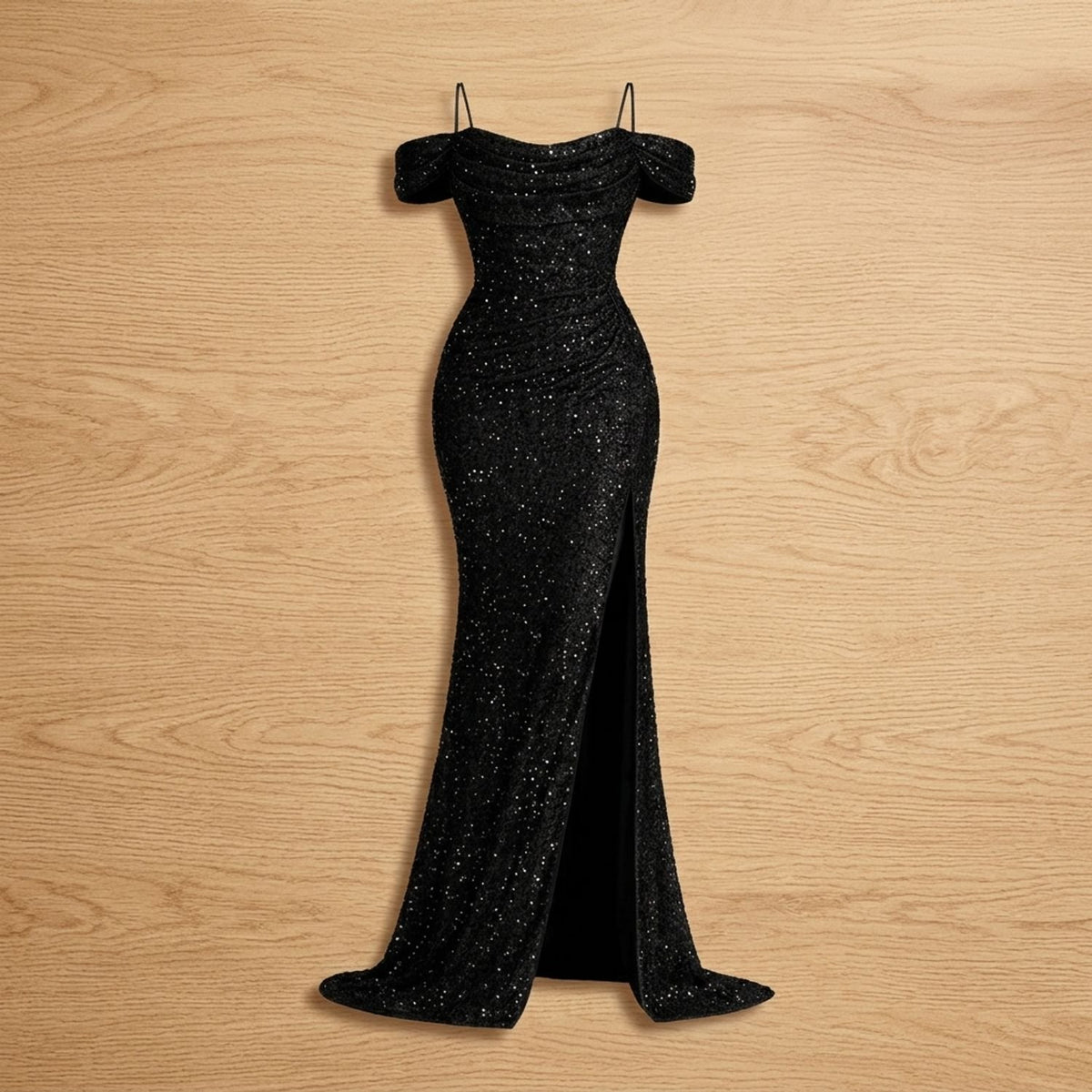 Women's Off-Shoulder Sequin Maxi Dress High-Slit Formal Gown - Black