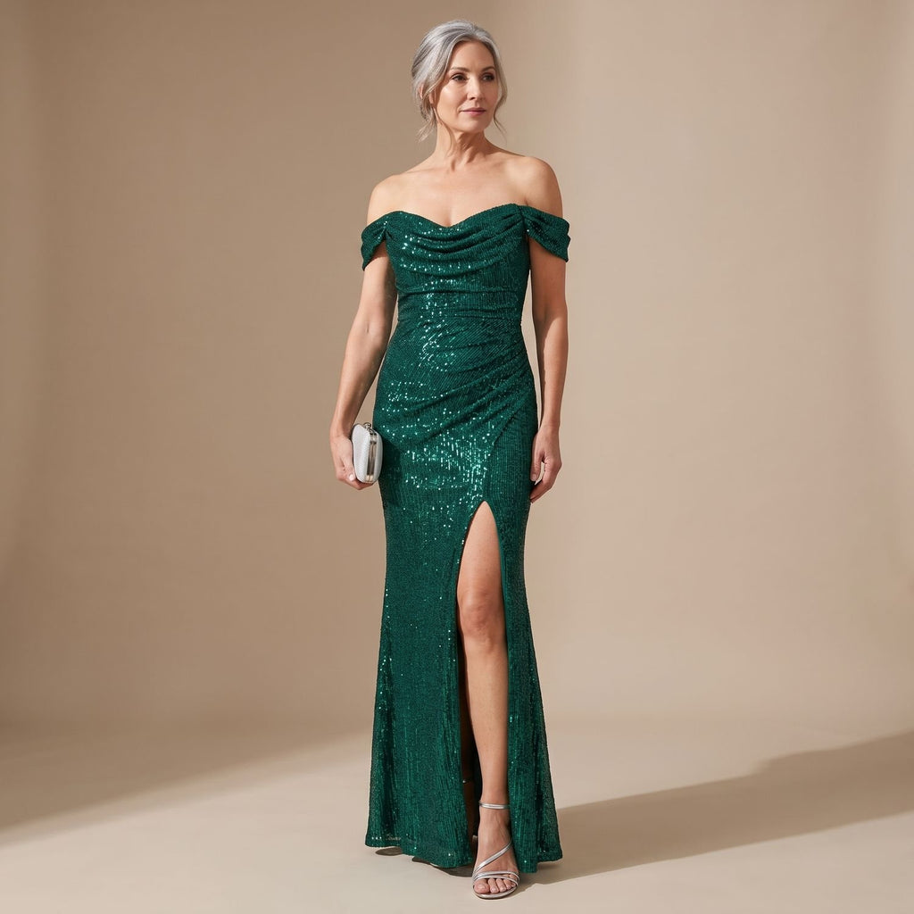 Women's Off-Shoulder Sequin Maxi Dress High-Slit Formal Gown