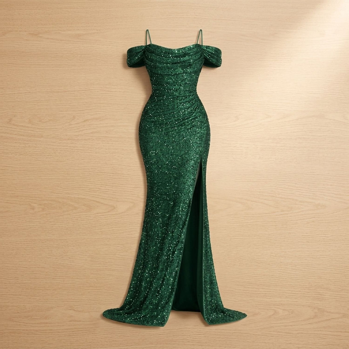Women's Off-Shoulder Sequin Maxi Dress High-Slit Formal Gown - Green