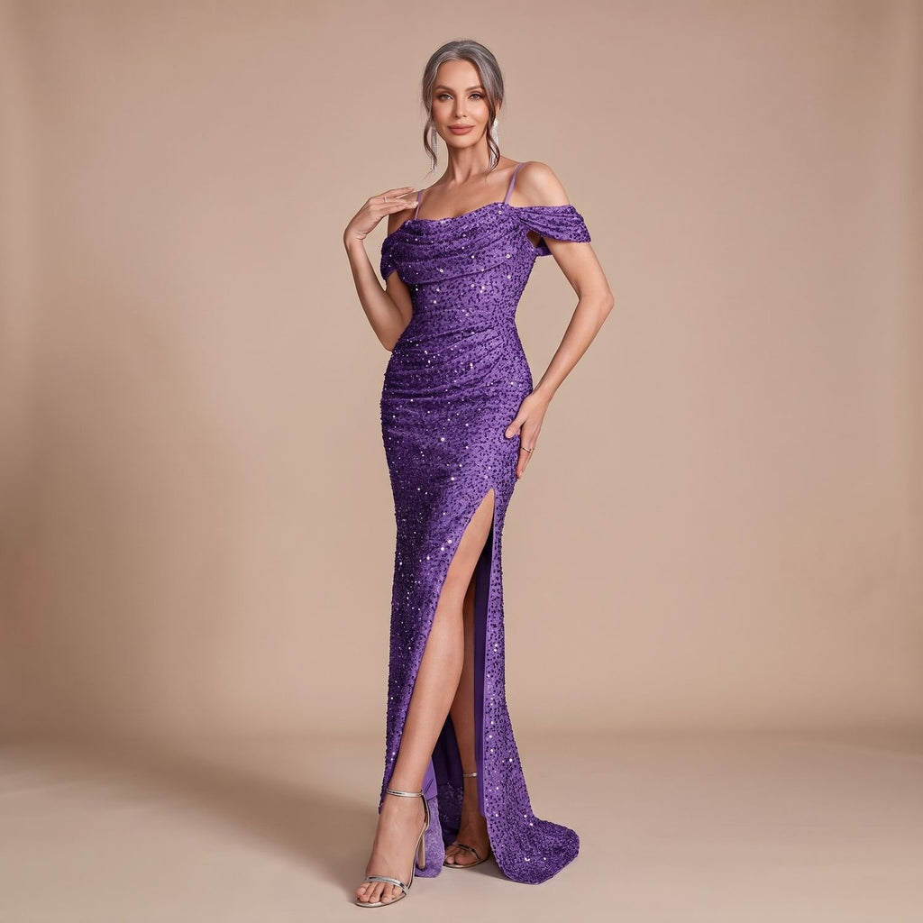 Women's Off-Shoulder Sequin Maxi Dress High-Slit Formal Gown