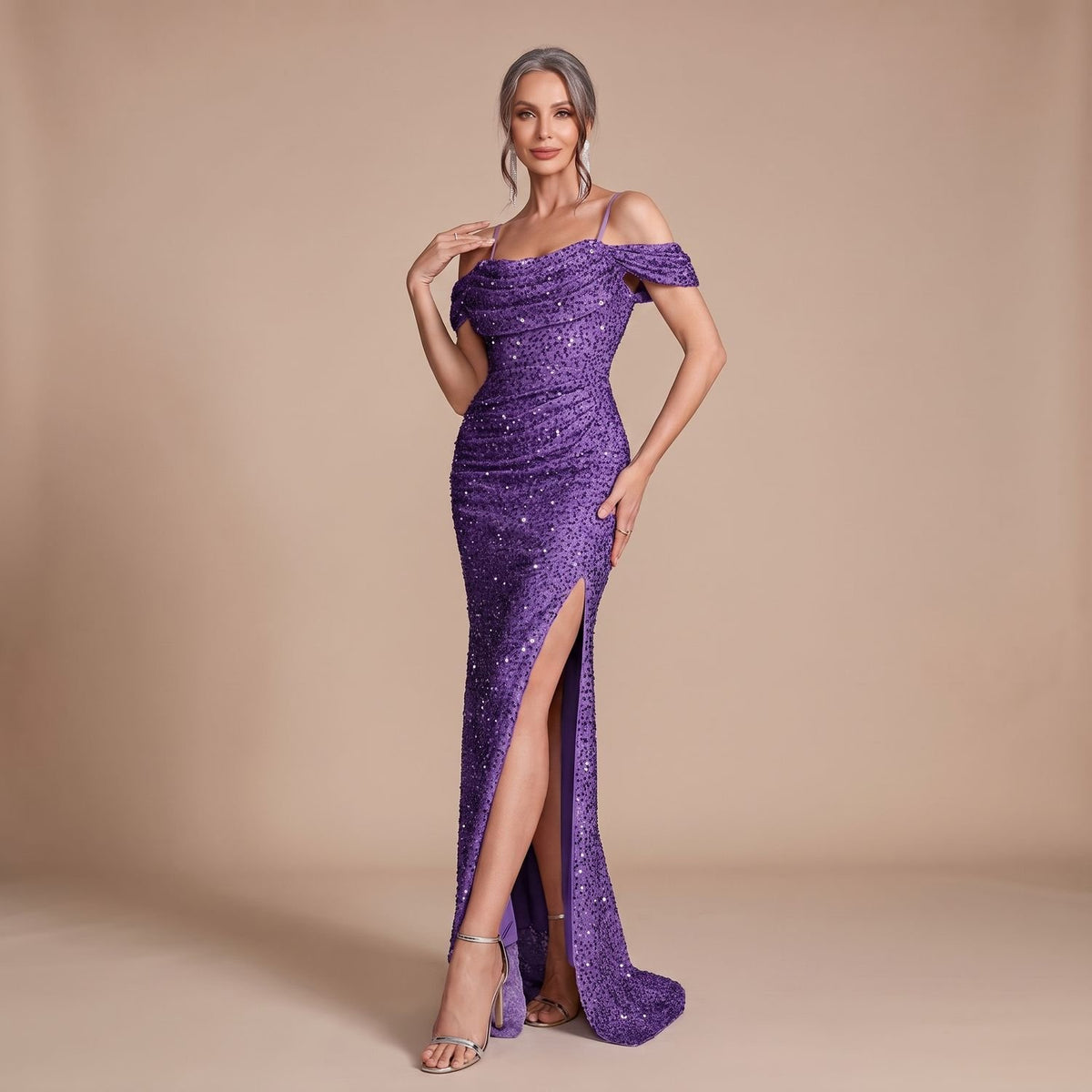 Women's Off-Shoulder Sequin Maxi Dress High-Slit Formal Gown