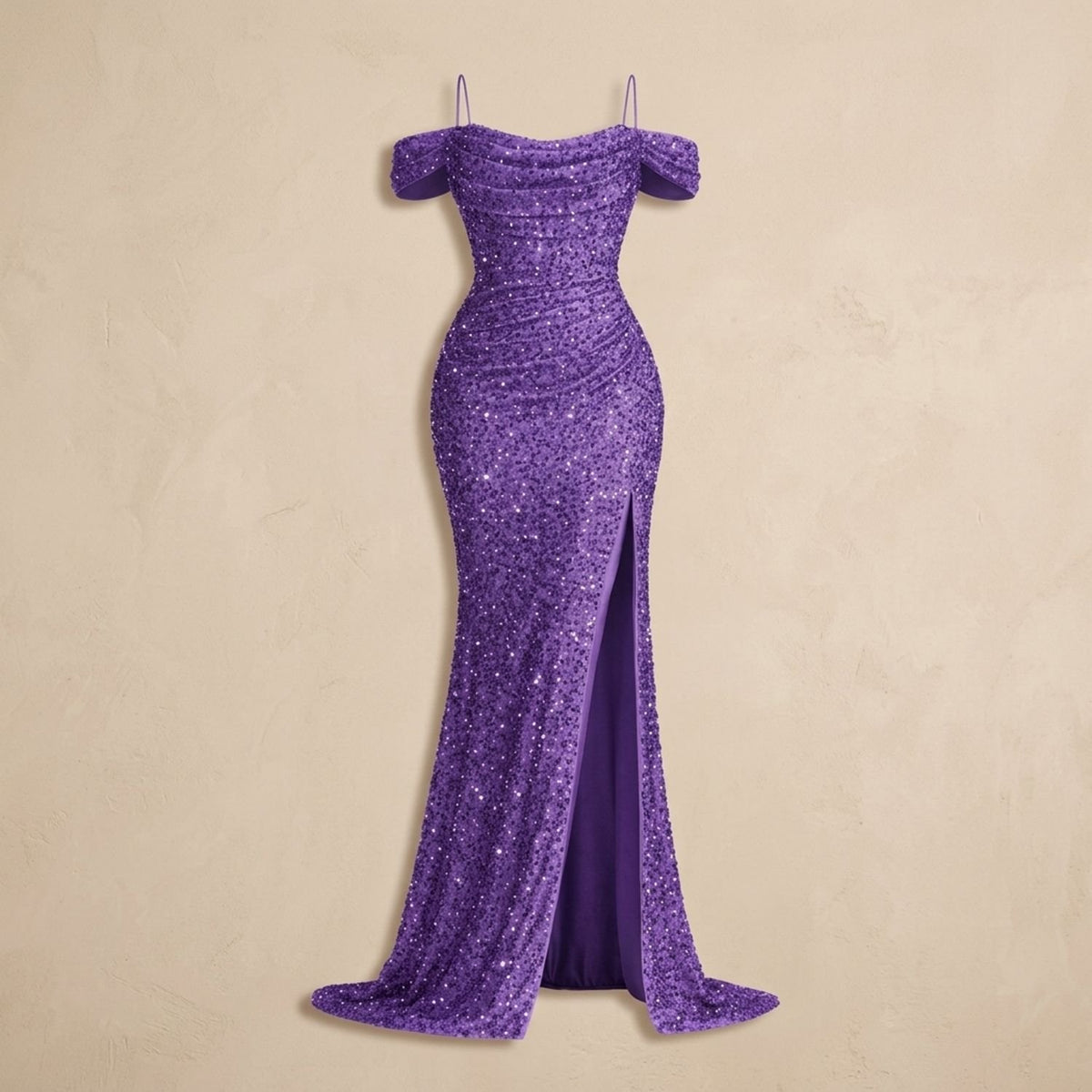Women's Off-Shoulder Sequin Maxi Dress High-Slit Formal Gown - Purple
