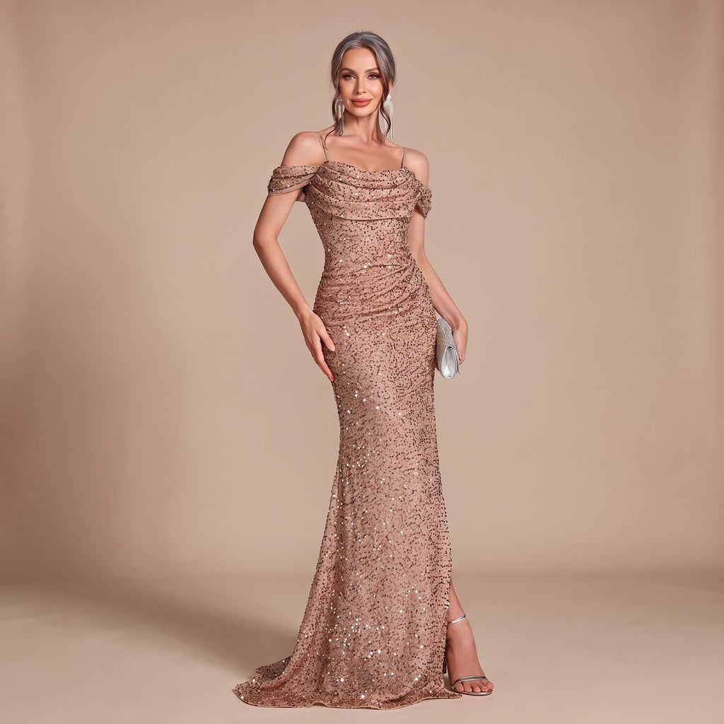 Women's Off-Shoulder Sequin Maxi Dress High-Slit Formal Gown