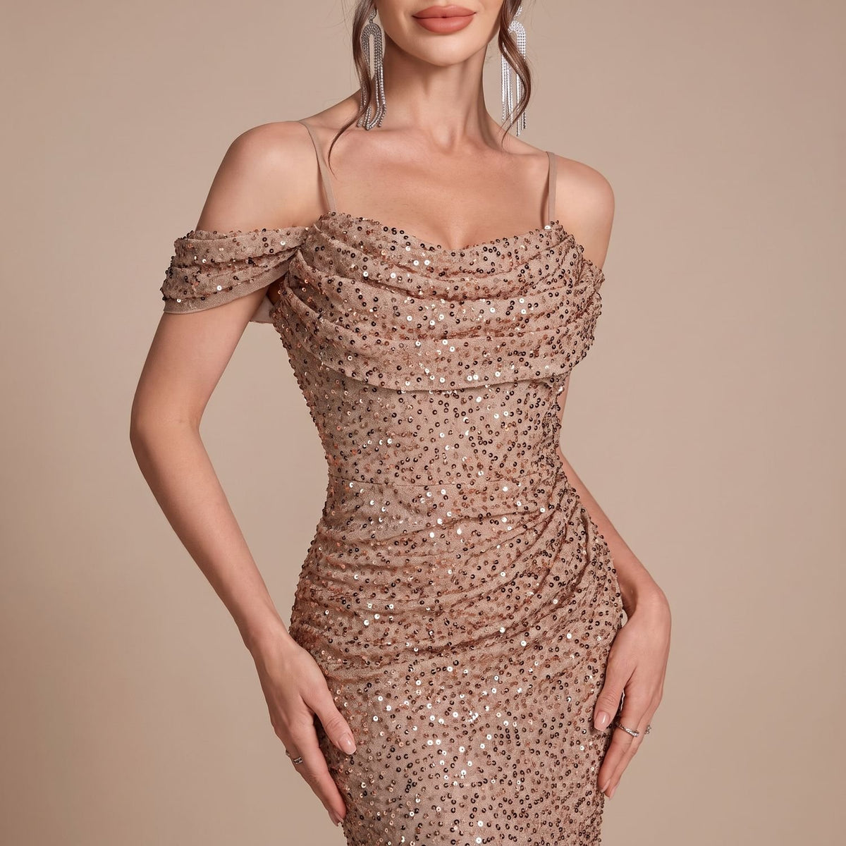 Women's Off-Shoulder Sequin Maxi Dress High-Slit Formal Gown