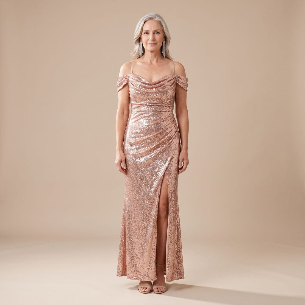 Women's Off-Shoulder Sequin Maxi Dress High-Slit Formal Gown
