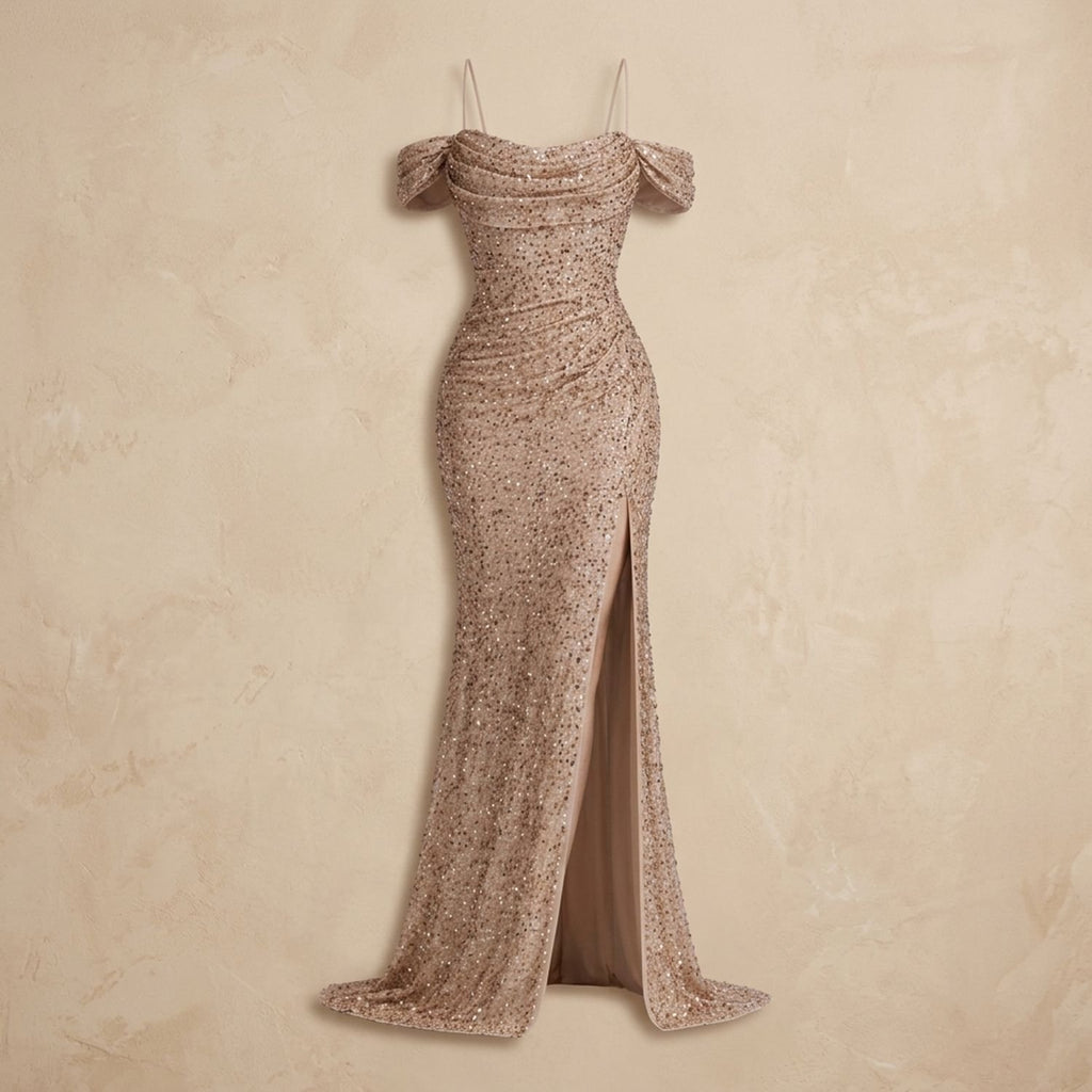 Women's Off-Shoulder Sequin Maxi Dress High-Slit Formal Gown - Gold