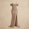 Women's Off-Shoulder Sequin Maxi Dress High-Slit Formal Gown - Gold