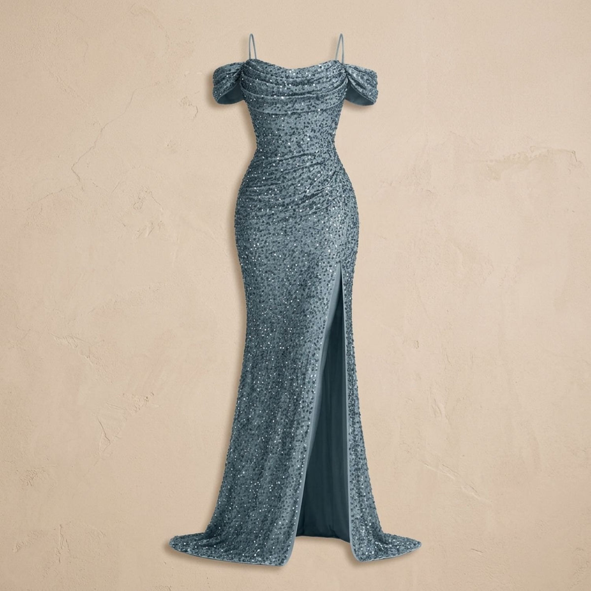 Women's Off-Shoulder Sequin Maxi Dress High-Slit Formal Gown - Gray