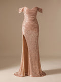 Women's Off-Shoulder Sequin Maxi Dress High-Slit Sheath Gown - Champagne