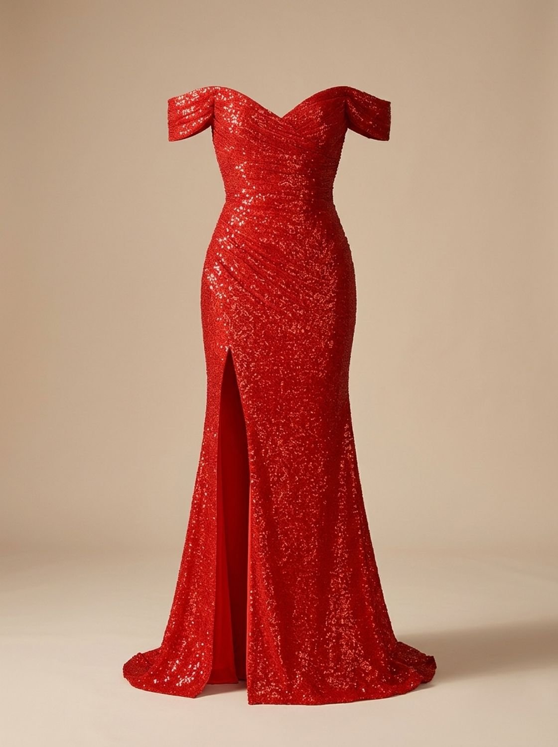Women's Off-Shoulder Sequin Maxi Dress High-Slit Sheath Gown - Red