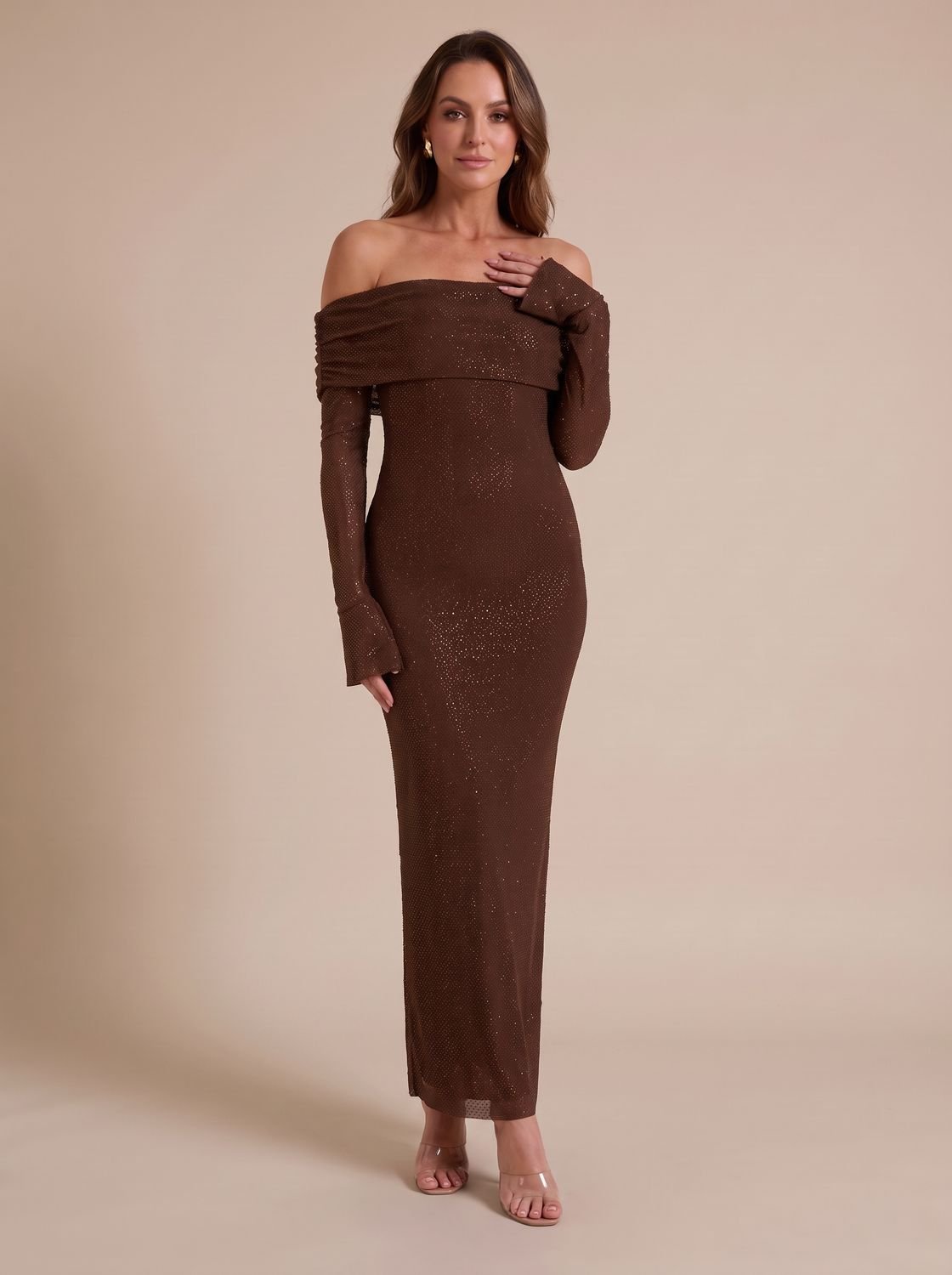 Women's Off-Shoulder Sequin Maxi Dress Long Sleeve Bodycon