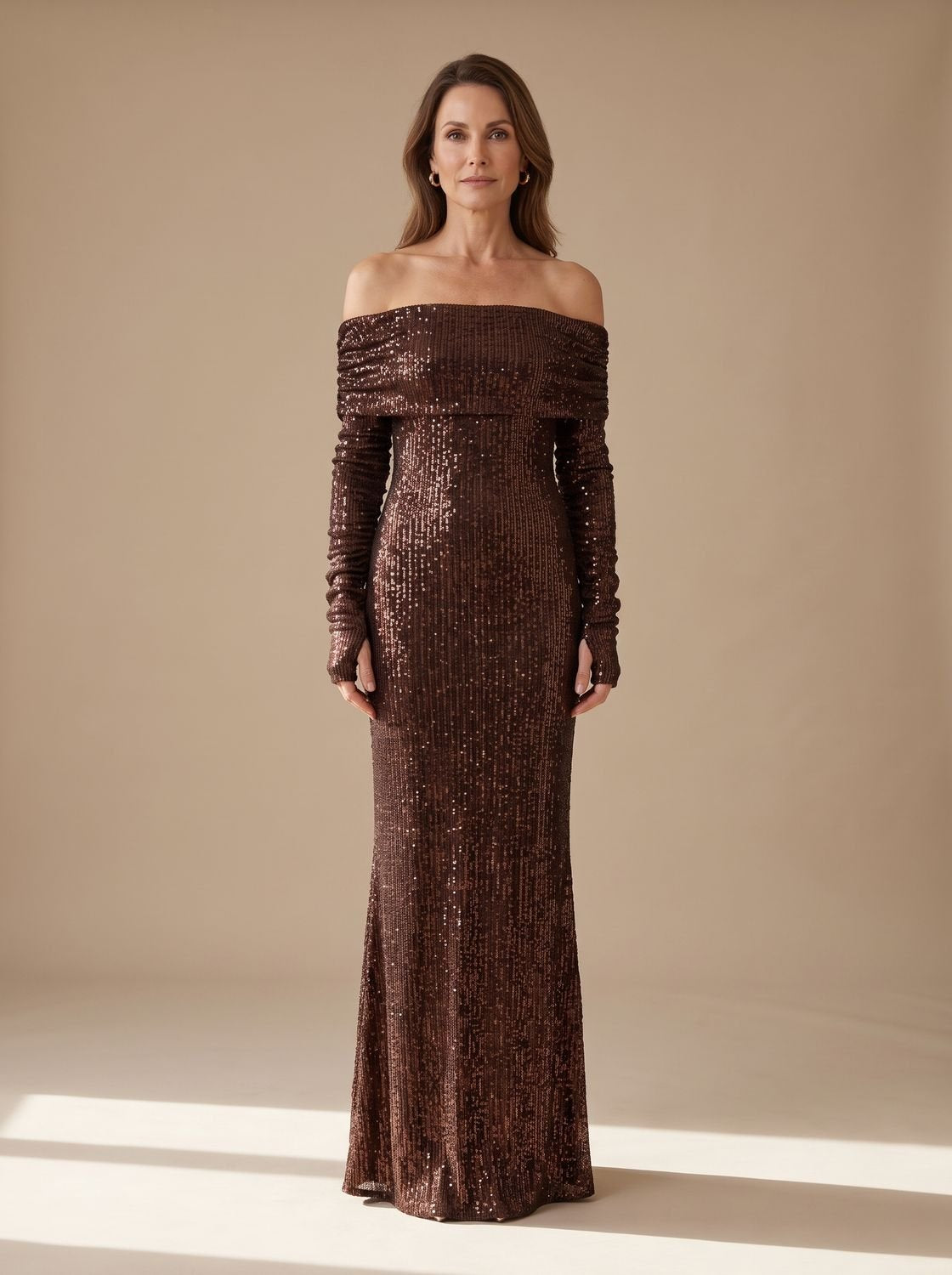 Women's Off-Shoulder Sequin Maxi Dress Long Sleeve Bodycon