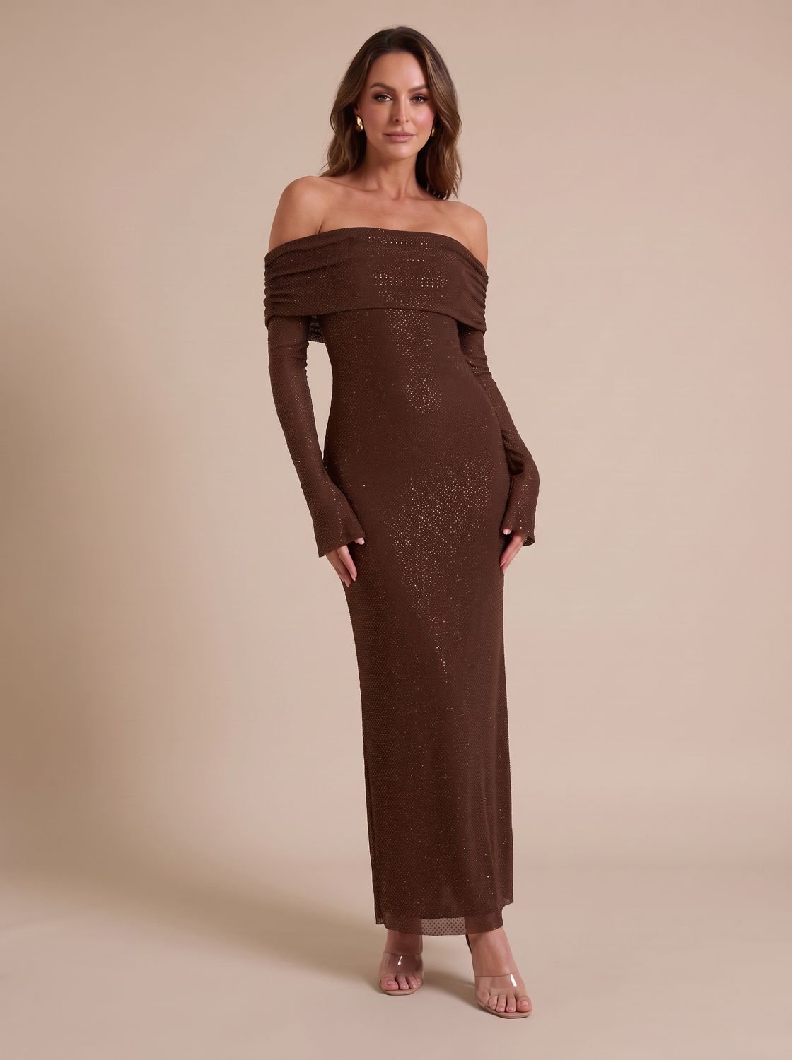 Women's Off-Shoulder Sequin Maxi Dress Long Sleeve Bodycon