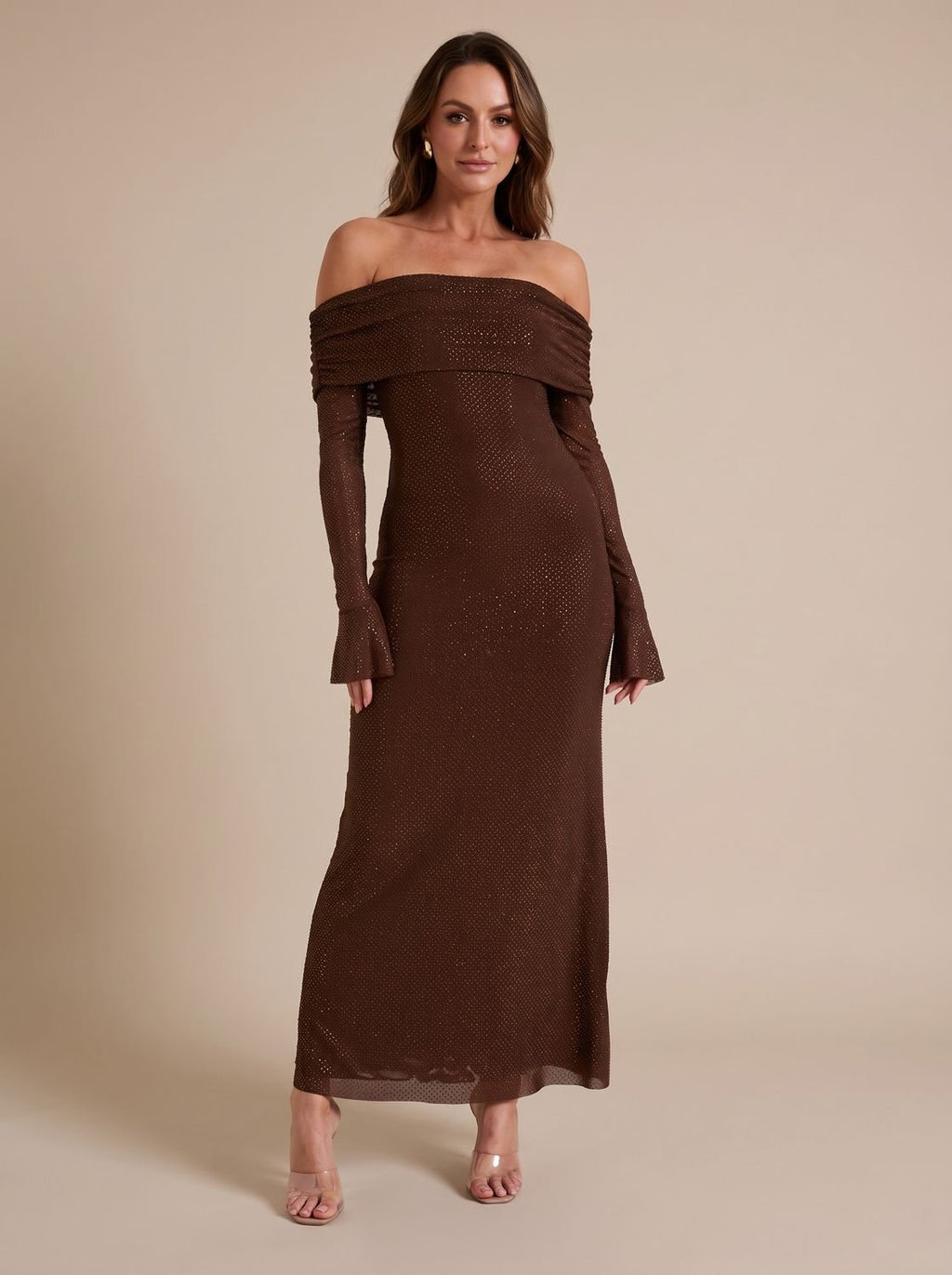 Women's Off-Shoulder Sequin Maxi Dress Long Sleeve Bodycon