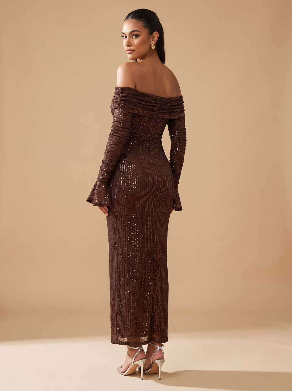 Women's Off-Shoulder Sequin Maxi Dress Long Sleeve Bodycon
