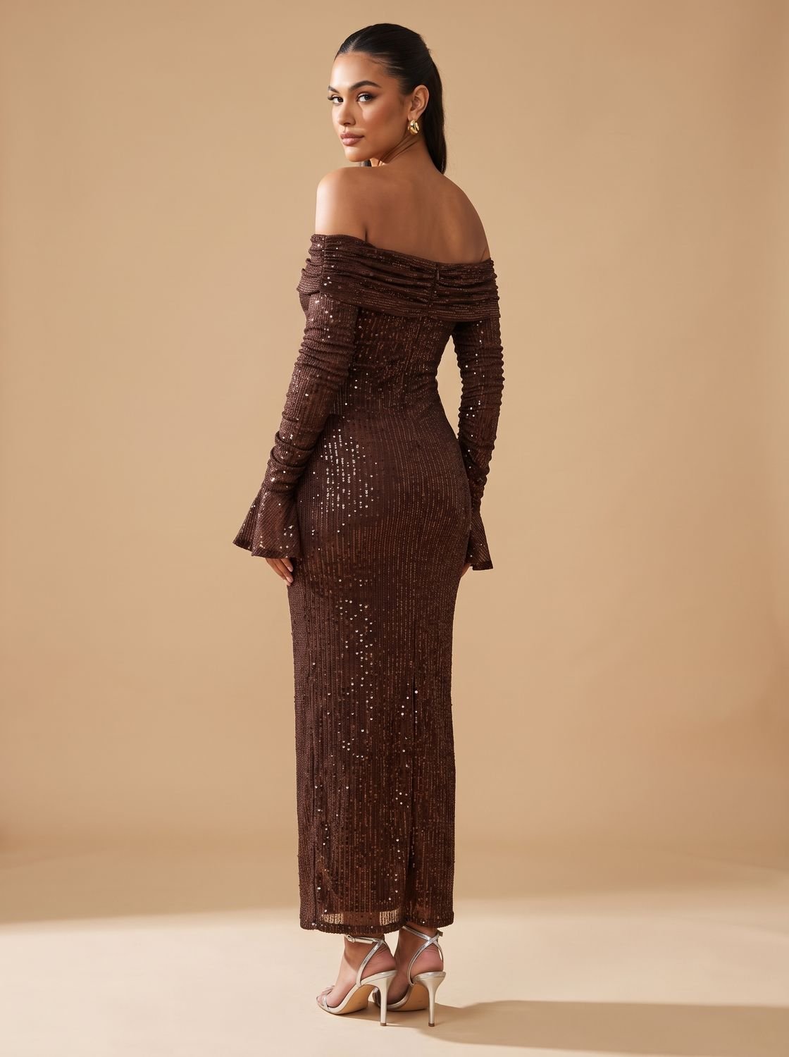Women's Off-Shoulder Sequin Maxi Dress Long Sleeve Bodycon