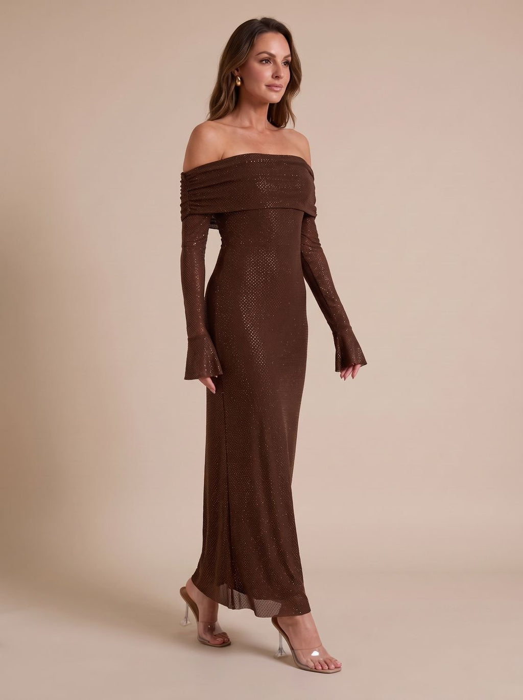 Women's Off-Shoulder Sequin Maxi Dress Long Sleeve Bodycon