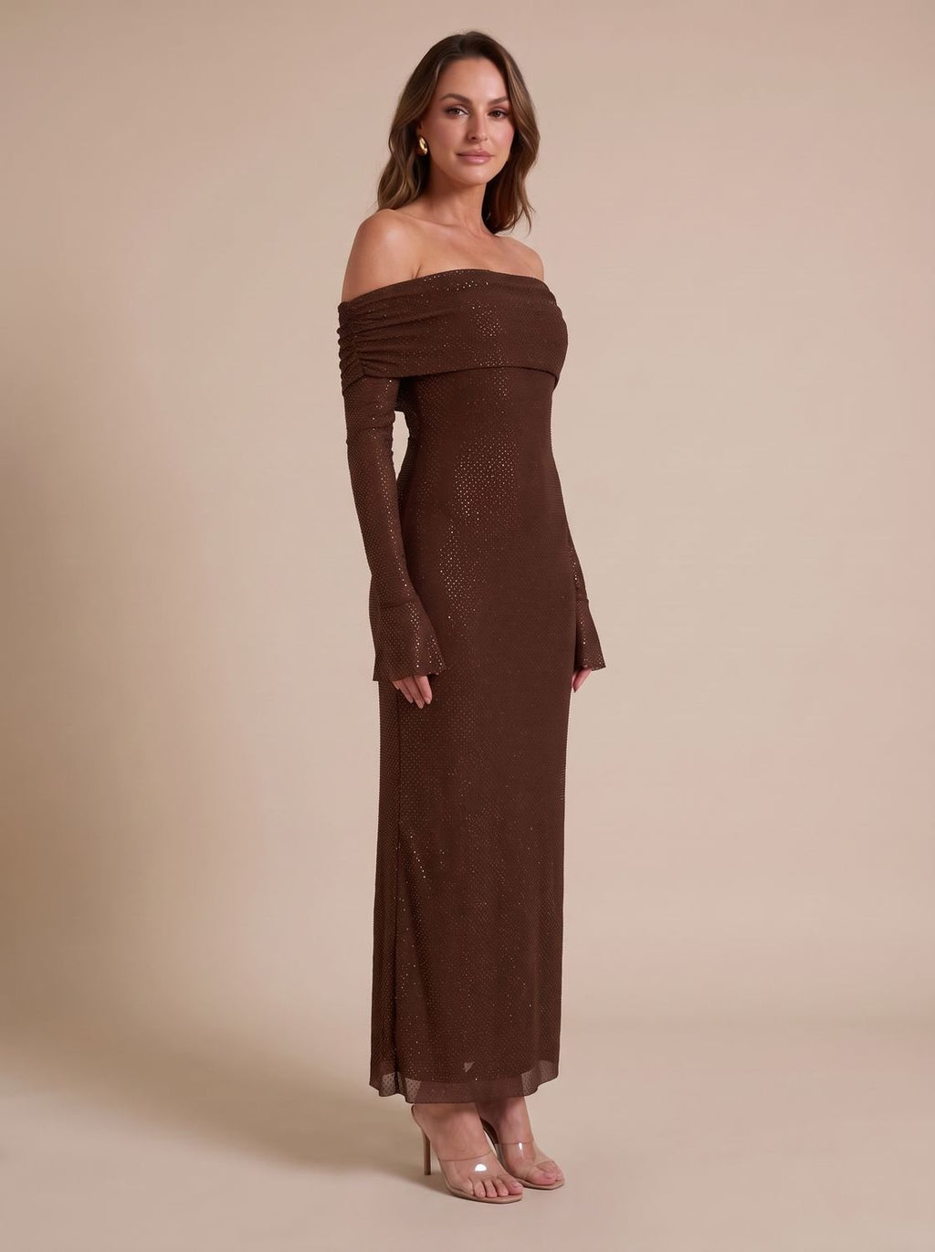 Women's Off-Shoulder Sequin Maxi Dress Long Sleeve Bodycon