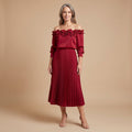 Women's Off the Shoulder Long-Sleeve Pleated Midi Dress