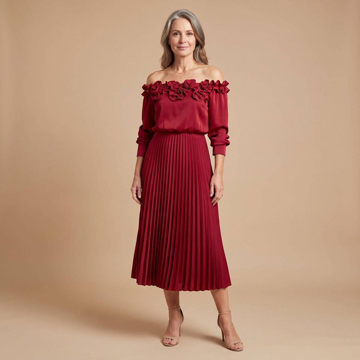 Women's Off the Shoulder Long-Sleeve Pleated Midi Dress