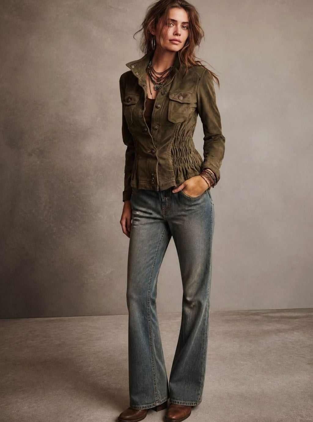 Women's Olive Cinched-Waist Military Button-Front Jacket