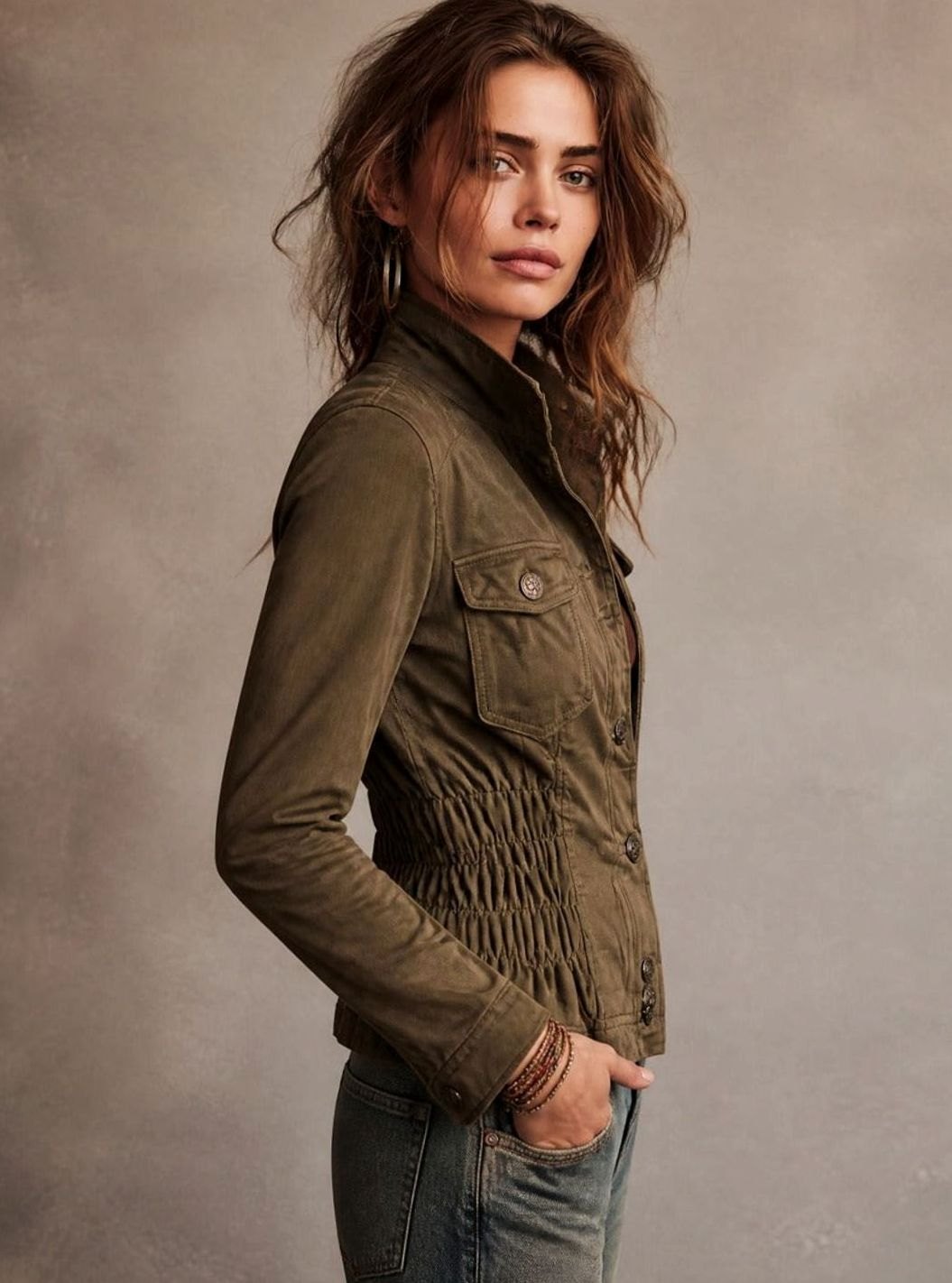 Women's Olive Cinched-Waist Military Button-Front Jacket