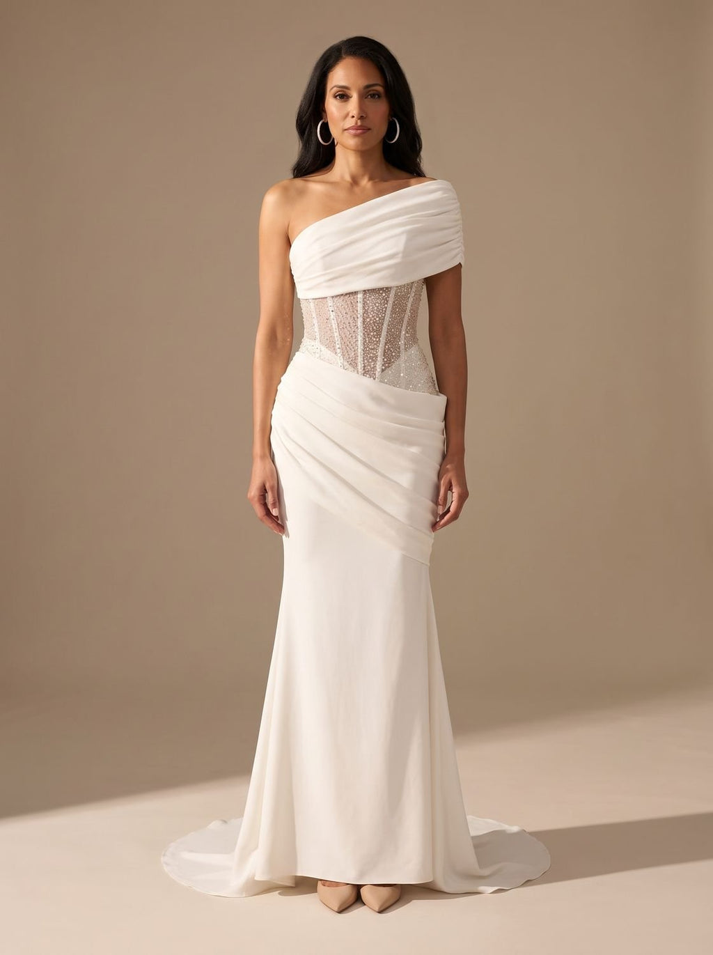 Women's One-Shoulder Embellished Corset Fitted Maxi Gown - White