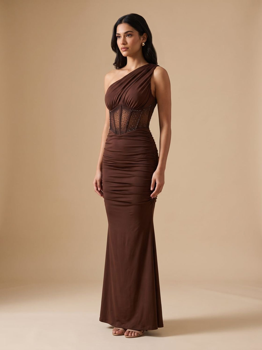 Women's One-Shoulder Embellished Corset Fitted Maxi Gown - Dark Brown