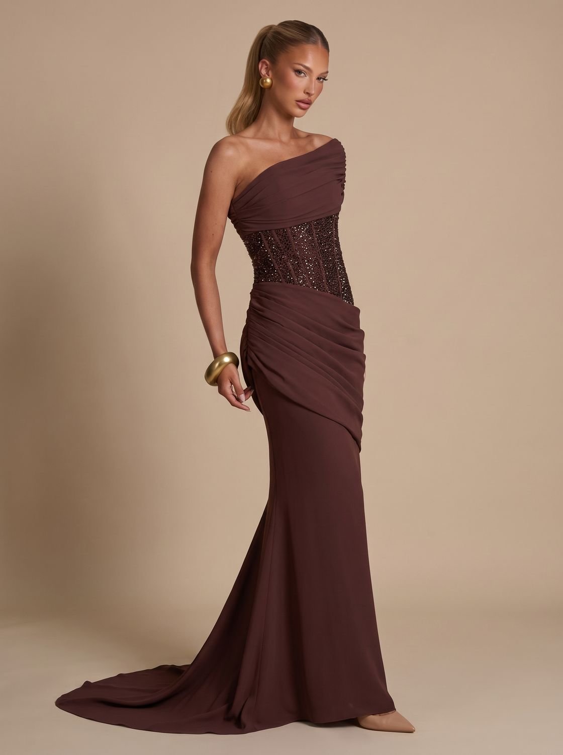Women's One-Shoulder Embellished Corset Fitted Maxi Gown