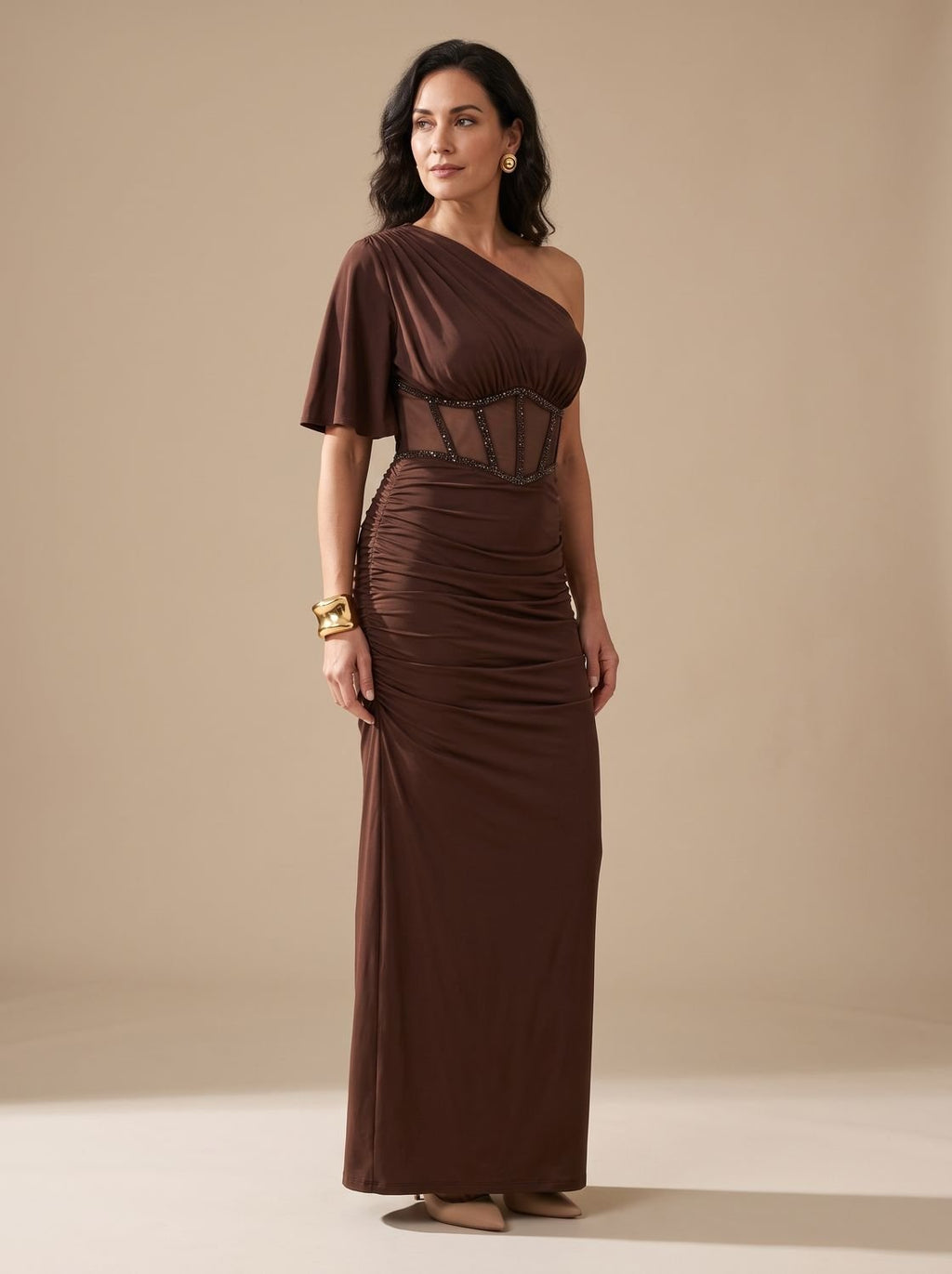 Women's One-Shoulder Embellished Corset Fitted Maxi Gown