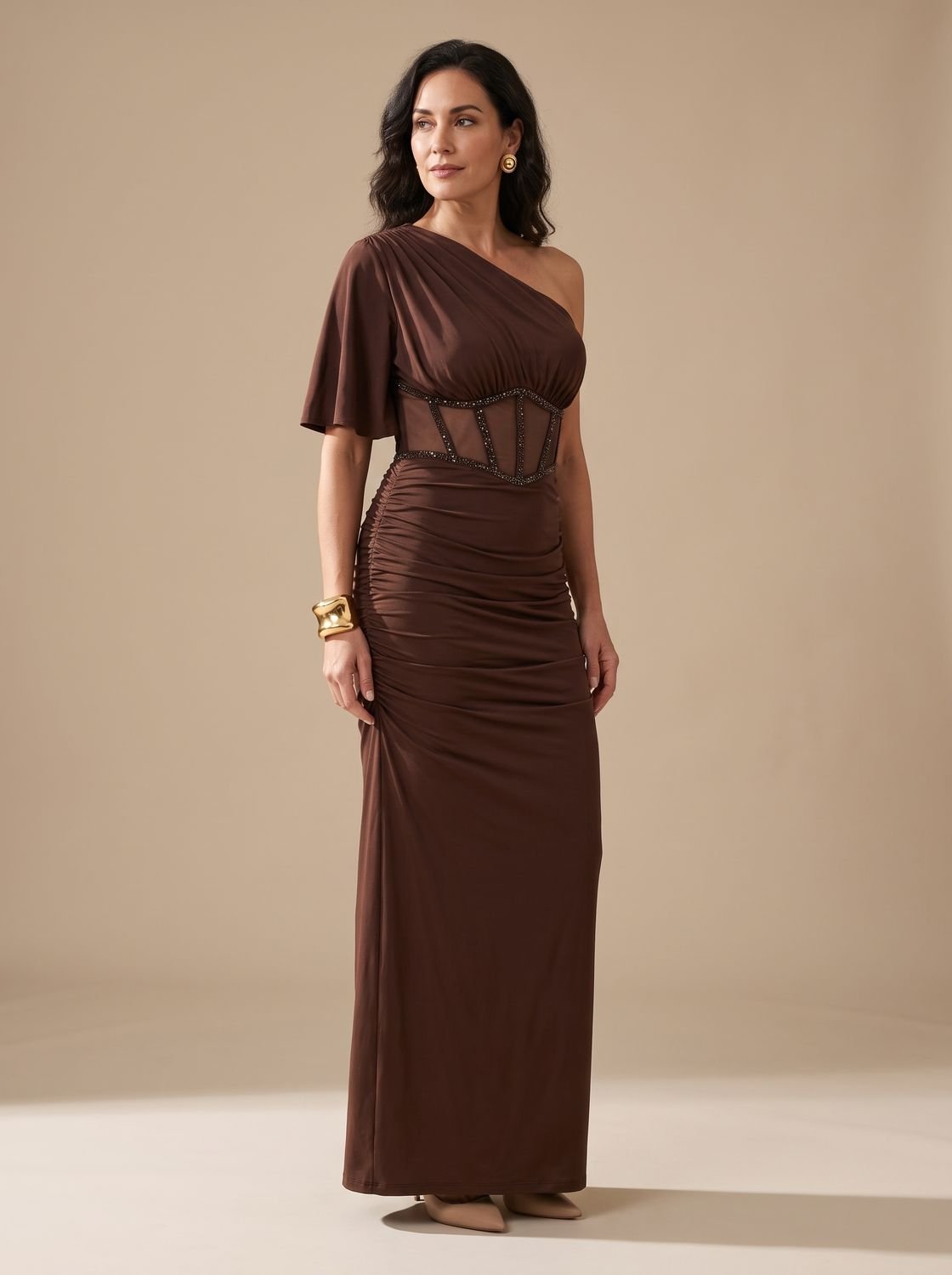 Women's One-Shoulder Embellished Corset Fitted Maxi Gown