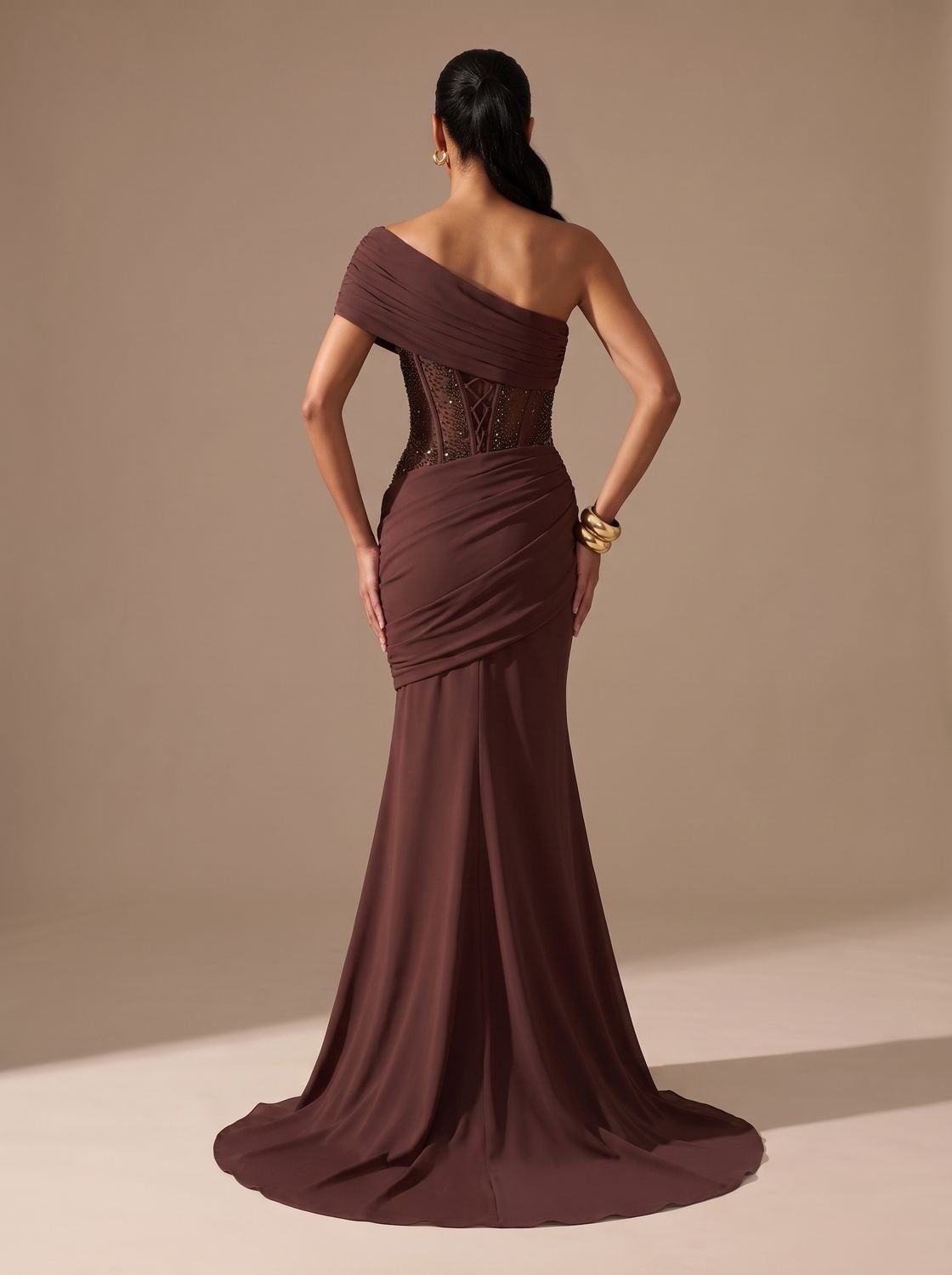 Women's One-Shoulder Embellished Corset Fitted Maxi Gown