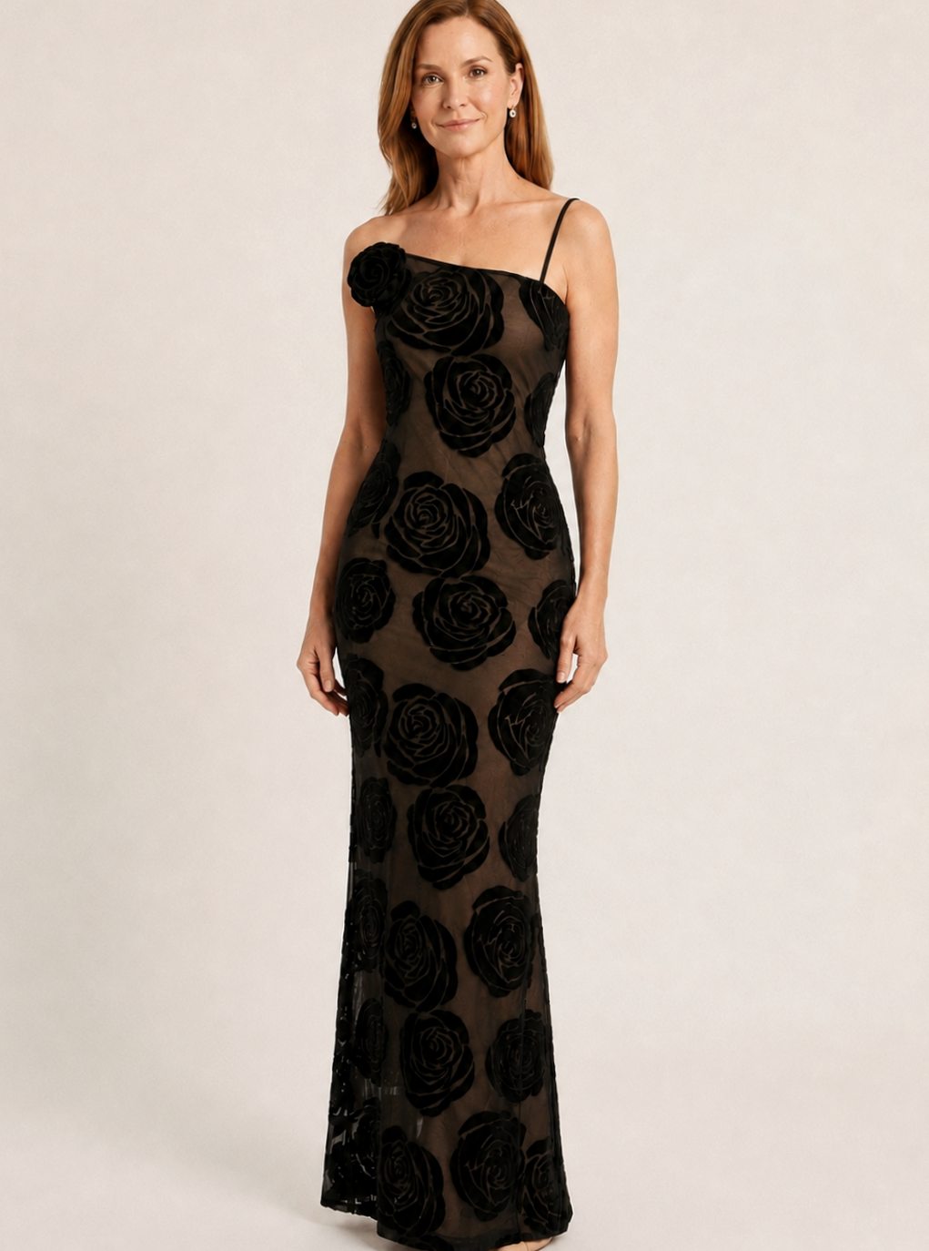 Women's One-Shoulder Floral Lace Black Maxi Dress - Black