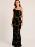Women's One-Shoulder Floral Lace Black Maxi Dress - Black