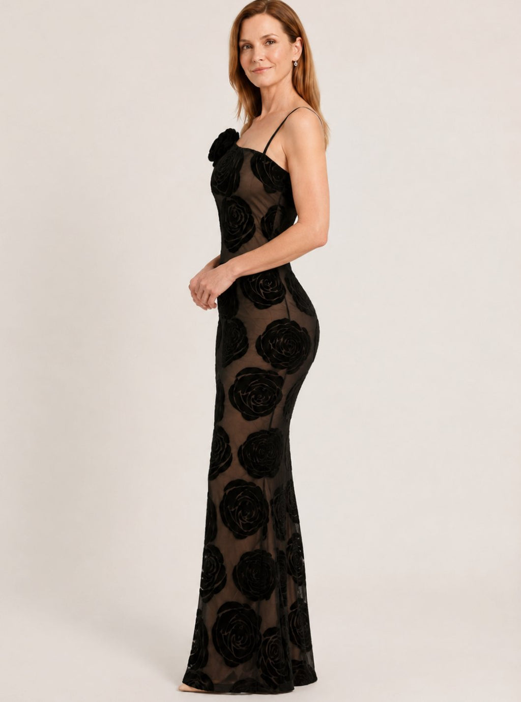 Women's One-Shoulder Floral Lace Black Maxi Dress