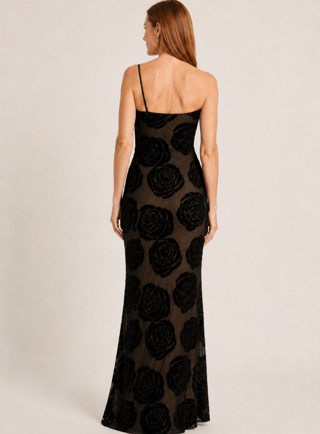Women's One-Shoulder Floral Lace Black Maxi Dress