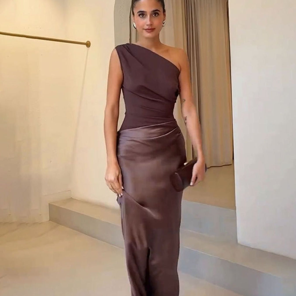 Women's One-Shoulder Ruched Faux-Leather Maxi Evening Dress